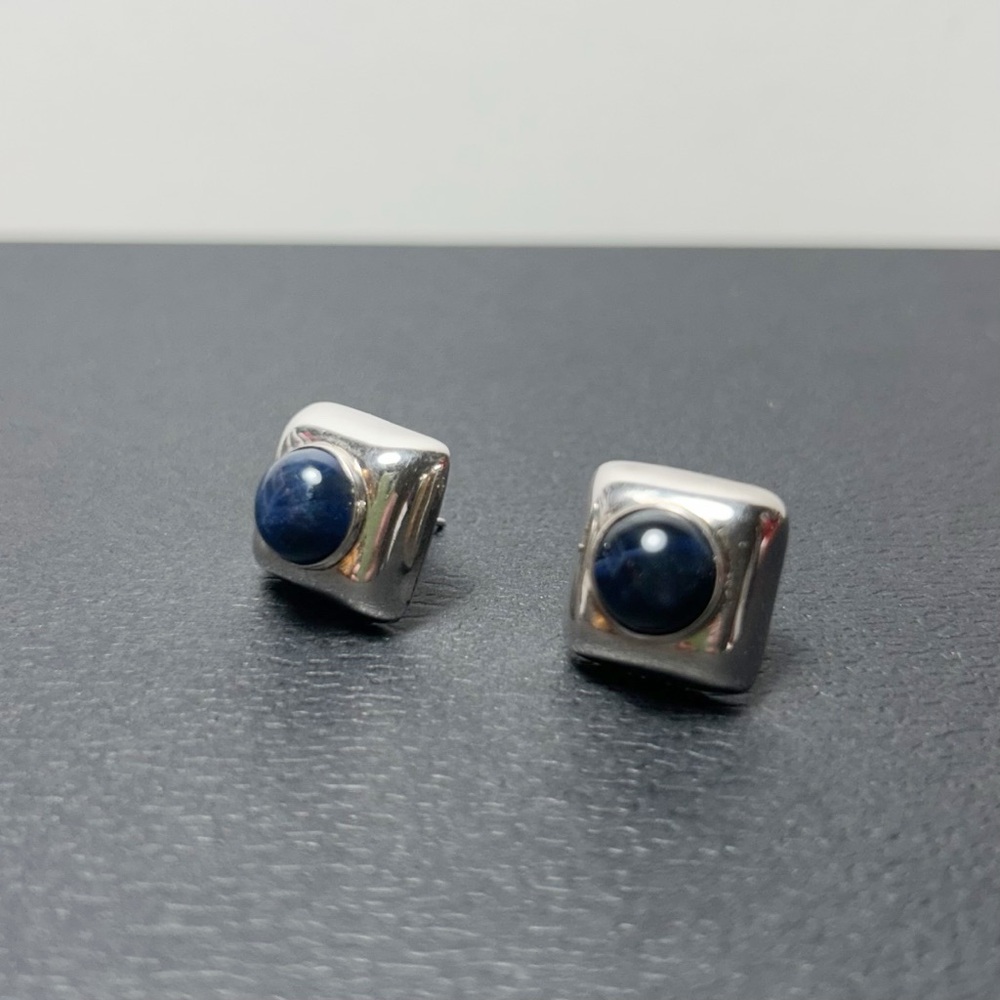 Vintage Modernist Sterling Silver 925 Lapis Blue Earrings Rounded Square Studs